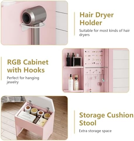 Vanity Desk with Mirror and Lights, Makeup Vanity Table Set with 5 Storage Drawers, Power Outlet & Chair, Small Dressing Table with RGB Ambient Light, Adjustable Brightness for Girls Bedroom, Pink