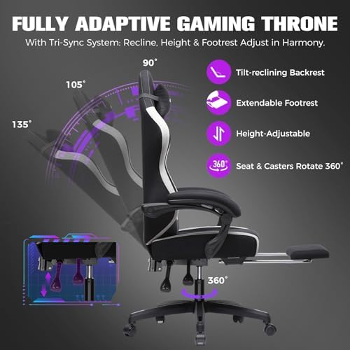 GTPLAYER Big and Tall Gaming Chair 350lbs Heavy Duty Office Chair with Foot Rest, High Back Pocket Spring Ergonomic Computer Chair for Adults, Wide Comfy Seated Cushion with Linkage Armrests, Black