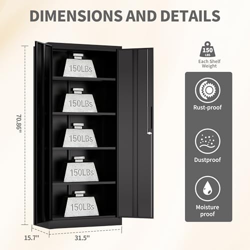 Metal Storage Cabinet with Lock, 71"H Garage Storage Cabinet, Black | Storage Cabinet with 2 Doors and 4 Adjustable Shelves, Steel Locking File Cabinet for Garage Office Home, 71"H x 16"D x 32"W