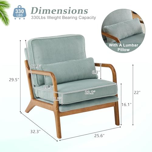 VINGLI Upgraded Premium Corduroy Accent Chair,Upholstered Arm Chair,Solid Wood Comfy Reading Chair with Pillow, Mid Century Modern Chairs for Living Room,Bedroom,Guest Room,Light Teal