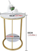 Telephone Table, 2 Layer White Marble Print Side Table,with Gold Metal Frame,Telephone Tables,Sofa Table Small Round Side Tables,Living Room Bedroom Tables (Gold+white-15.74 * 21.65in