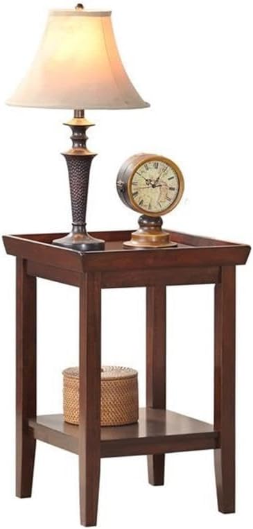 Pemberly Row Modern End Table, Espresso Wood Finish, 26" H x 18" W x 18" D, Solid Rubberwood Construction, Raised Tray Top with Bottom Shelf, Tapered Legs, Indoor Living Room Furniture