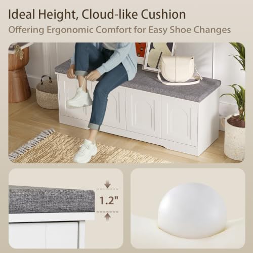 DINZI LVJ Shoe Storage Bench with Cushion, Door, White 47.2" LX17.7 H | Entryway Bench, 2-Tier Cabinet Bench, Widened Cubby, Fully Adjustable Shelves for Boots, Easy Assembly, Farmhouse, Bedroom