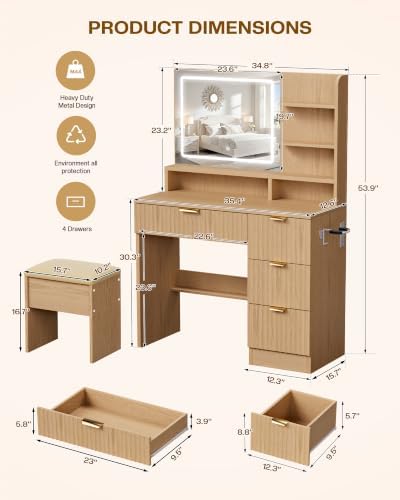 LIVELYGLOW 35.4" Wooden Makeup Vanity Set with Charging Station & Stool | Smart LED Mirror, Fluted Design, Cushioned Stool, Hairdryer Rack