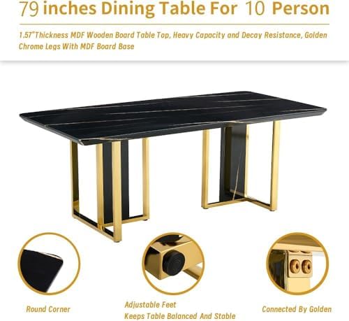 79" Black Dining Table Set for 8,Modern Luxury Dining Table Set with Chrome Gold Legs, Faux Marble Kitchen Table with 8 Black Gold Chairs for Kitchen and Dining Room