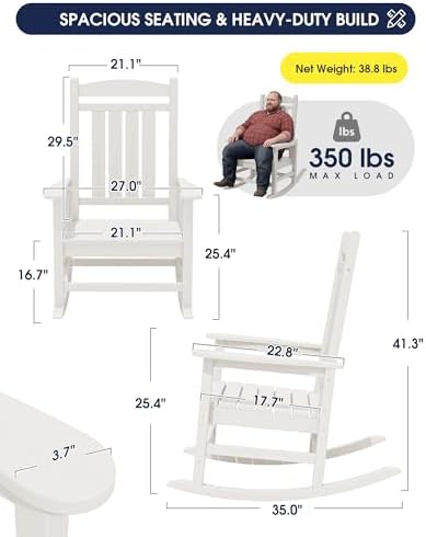 KINGYES Oversized Outdoor Rocking Chairs Set of 2, HDPE Porch Rocker, White | - Rocking Chairs for Outdoor with Wide Seat - 350LBS Support for Adults