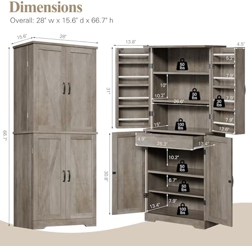 Vongrasig Kitchen Pantry Storage Cabinet with Barn Doors, Drawer and Adjustable Shelves, 6-Tier Tall Rustic Wood Cupboard Locker for Kitchen, Dining Room, Living Room, Bathroom, Rustic Grey