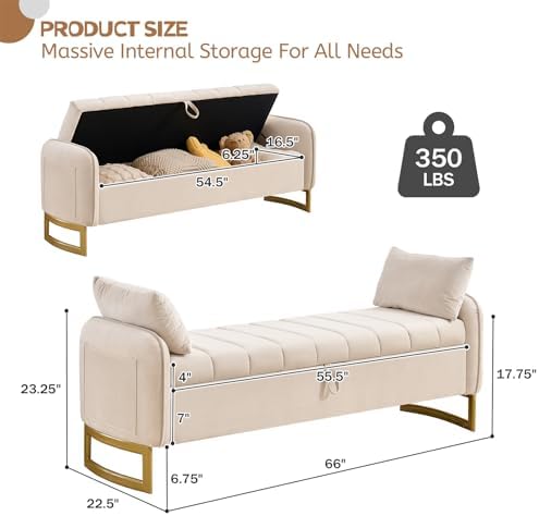 66" End of Bed Storage Bench King Size, Storage Benches for Bedroom, Beige | Velvet Foot of Bed Bech, Upholstered Storage Ottoman Benches with Golden Legs, Pillows and Side Pockets for Window, Entryway