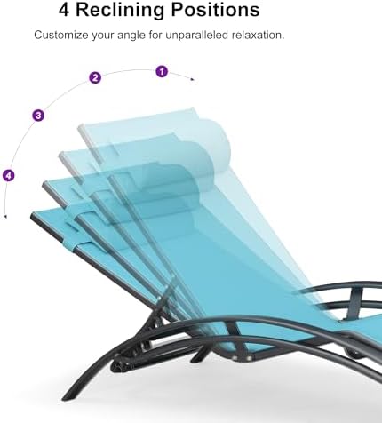 PURPLE LEAF Patio Pool Lounge Chaise Set of 3 Outdoor Chair, Turquoise Blue | 2 Chaise + 1 Table, Aluminum Frame, UV Textilene Fabric, Adjustable Headrest & 5 Recline Angles, Stackable, S-Curve Backrest