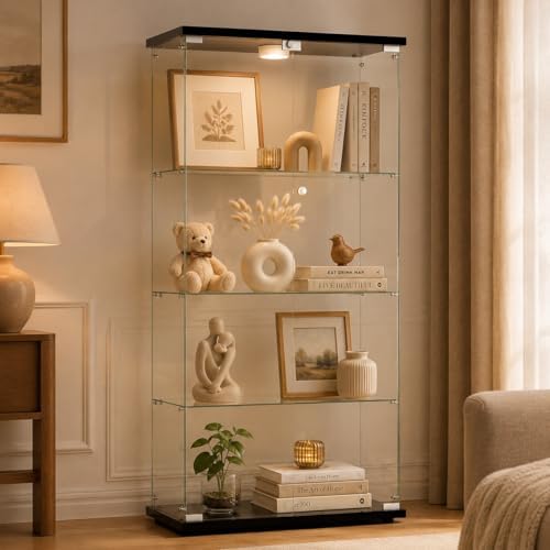 Glass Display Cabinet 4-Shelf 2 Doors with LED Push Light Lockable Glass Display Case with 4mm Tempered Glass Floor-Standing Bookshelf for Bedroom, Living Room, Black