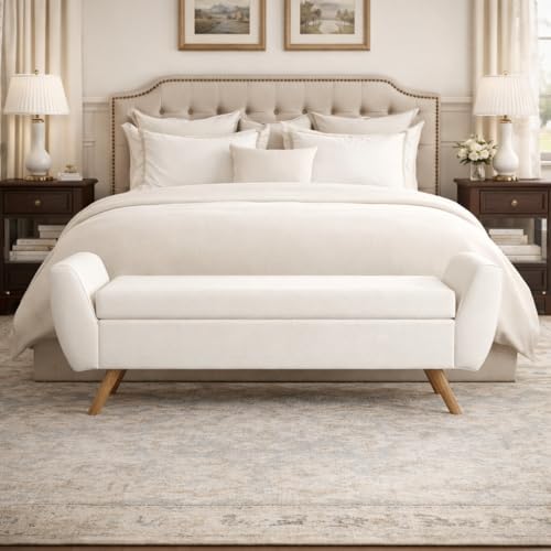 HomePop Modern Storage Bench with Wood Legs |Homepop Home Décor|Bench with Storage for Living Room & Bedroom - Cream Woven