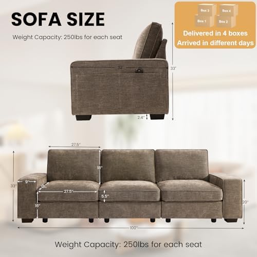 TEKAMON 100" Modular Sofa with Seats Storage, Comfy 3-Seater Chenille Fabric Couch for Living Room, Office, Apart W/Deep Seat, USB Charging, Upholstered Couch with Removable Cover(Brown)