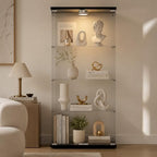 Glass Display Cabinet 4-Shelf 2 Doors with LED Push Light Lockable Glass Display Case with 4mm Tempered Glass Floor-Standing Bookshelf for Bedroom, Living Room, Black