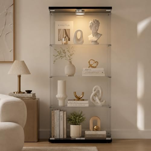 Glass Display Cabinet 4-Shelf 2 Doors with LED Push Light Lockable Glass Display Case with 4mm Tempered Glass Floor-Standing Bookshelf for Bedroom, Living Room, Black