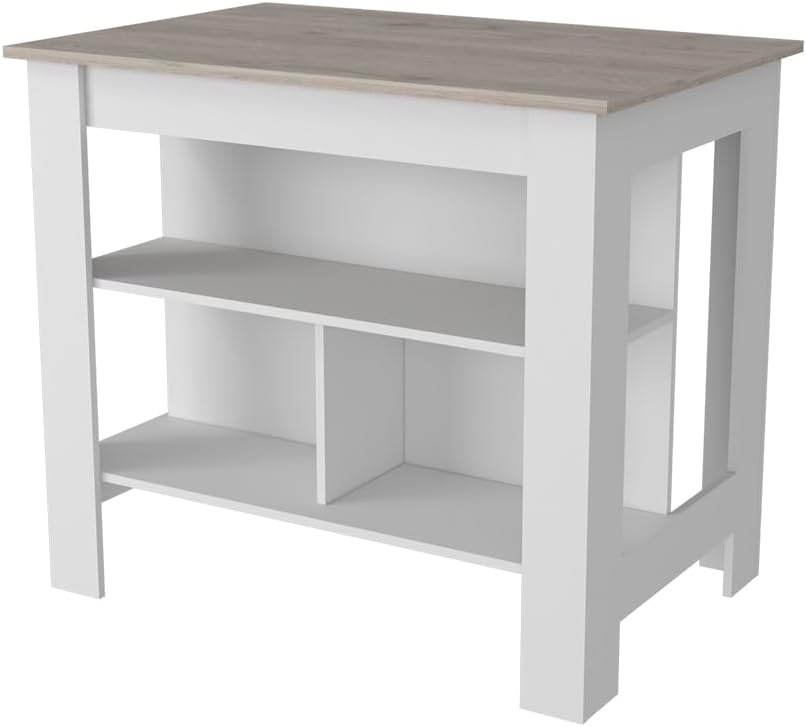Kitchen Island with Three Shelves Light Gray/White Finish | Tabletop with silver nanoparticles protective film for hygiene