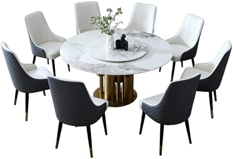 Montary 9 Piece Modern Dining Table Set of 8, Round 59" D Faux Marble Kitchen Table with Lazy Susan, Sintered Stone and Metal Dining Room Table with 8 Dining Chairs, for Home, Living Room