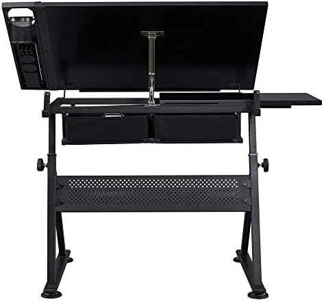 Yaheetech Adjustable Drafting Table Art Desk,Storage Drawers & Stool,Black | MDF tabletop tilts 0-60° on a metal frame for drawing, crafts, and homework, with two supply drawers and a matching stool.