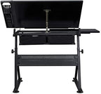 Yaheetech Adjustable Drafting Table Art Desk,Storage Drawers & Stool,Black | MDF tabletop tilts 0-60° on a metal frame for drawing, crafts, and homework, with two supply drawers and a matching stool.