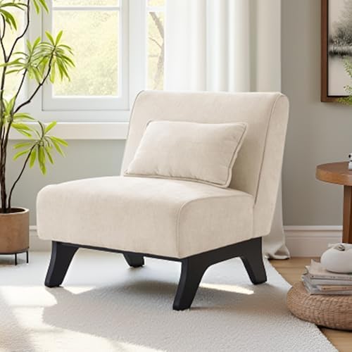 Armless Accent Chair Comfy Upholstered Modern Living Room Side Chair | Comfy Small Accent Lounge Chair with Pillow & Wooden Legs Accent Chair for Living Room Bedroom Farmhouse Reading Beige