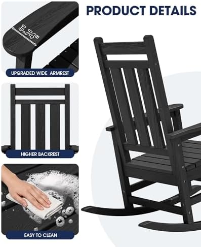 KINGYES Oversized Outdoor Rocking Chair Set of 2, HDPE Patio Rockers, Black | | All-Weather Patio Rocking Chairs for Porch | High Back & Wide Seat for Garden, Lawn