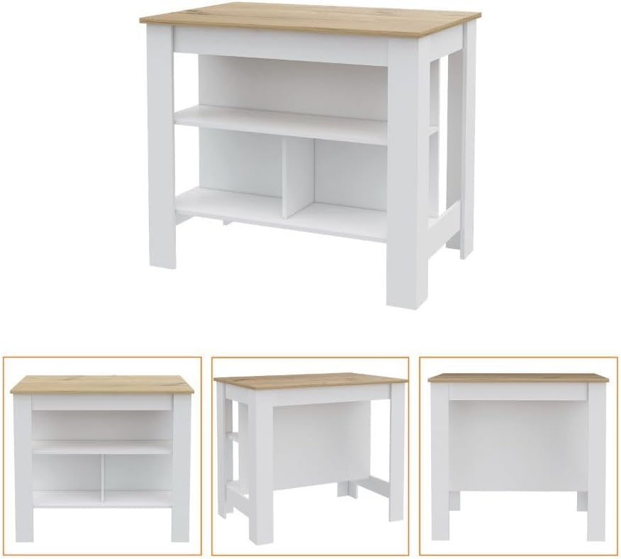 3-Shelf Kitchen Island White and Light Oak with Particle Board | Transitional kitchen island with 3 shelves and ample storage for meal prepping