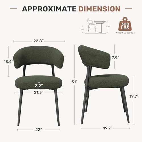 Dining Chairs Set of 4, Mid Century Modern Kitchen Chairs, Boucle Upholstered Dining Chair with Curved Backrest & Metal Legs for Kitchen Dining Room, Green