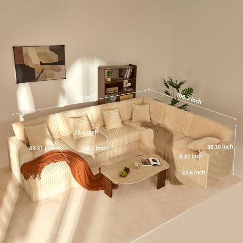 GOSUHI 139" U-Shaped Cloud Couch, Modular Sectional, Deep Seats, White | Pocket Spring Cushions, Oversized 7-Seater, Left Facing Chaise, Corduroy Upholstery Couches for Living Room