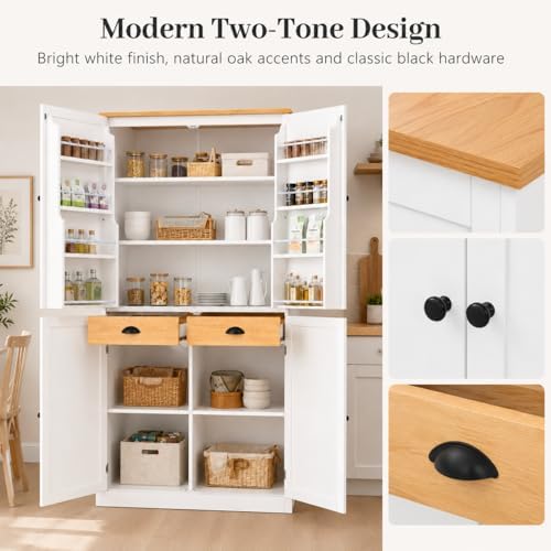 71" Tall Kitchen Pantry Storage Cabinet with 8 Door Shelves and 2 Storage Compartments, Two-Tone Freestanding Food Pantry Cabinet with Adjustable Shelves for Kitchen, Dining Room