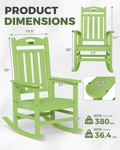 Rocking Chairs Outdoor, Oversized Patio Rocking Chair, All Weather Resistant HDPE, Heavy Duty Porch Rocker Chair with High Back Wide Arm Rest, LemonGreen