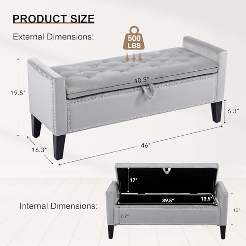 Velvet Storage Ottoman Bench, 46'' Upholstered Button Tufted End of Bed Bench, Modern Storage Bench for Bedroom, Living Room, Entryway, Grey