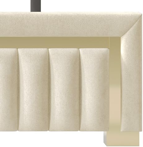HOME DESIGN Olathe King Size Upholstered Panel Bed Frame, Vertical Channel Tufted Headboard with Gold Metal Accent, Velvet Fabric, Platform Design, Box Spring Required, Beige