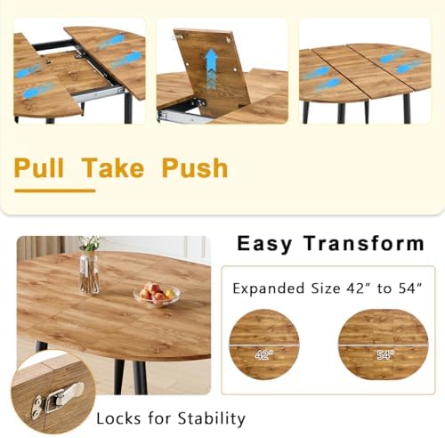 Wood Dining Table Set for 6｜ 42" Round to 54" Oval Dining Table Set for 6｜Wood Extendable Dining Room Table with Thick Cushion PU Chairs｜Stable and Sturdy｜Space Saving｜Easy Assembly