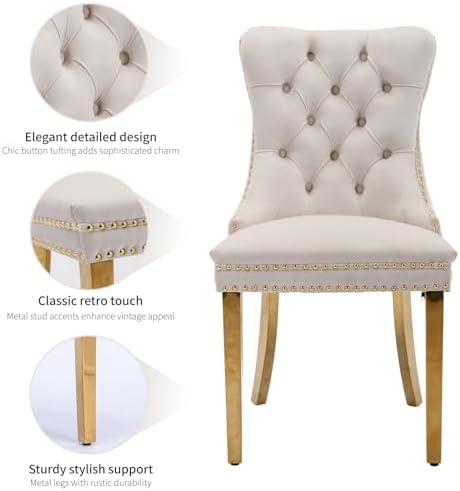 Velvet Dining Chairs Set of 6, Mid Century Tufted Dining Room Chairs with Nailhead Back Ring, Metal Legs, Modern Style for Kitchen, sillas de comedor (Beige, Golden Legs, 6 Pcs)