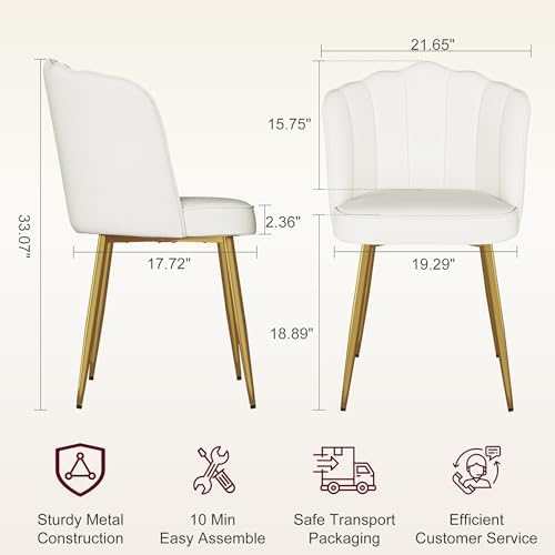 VECELO Velvet Dining Chairs Set of 2, Modern Upholstered Kitchen Chairs with Thick Cushions, Curved Padded Backrest and Metal Legs, for Kitchen, Dining Room, Living Room, White