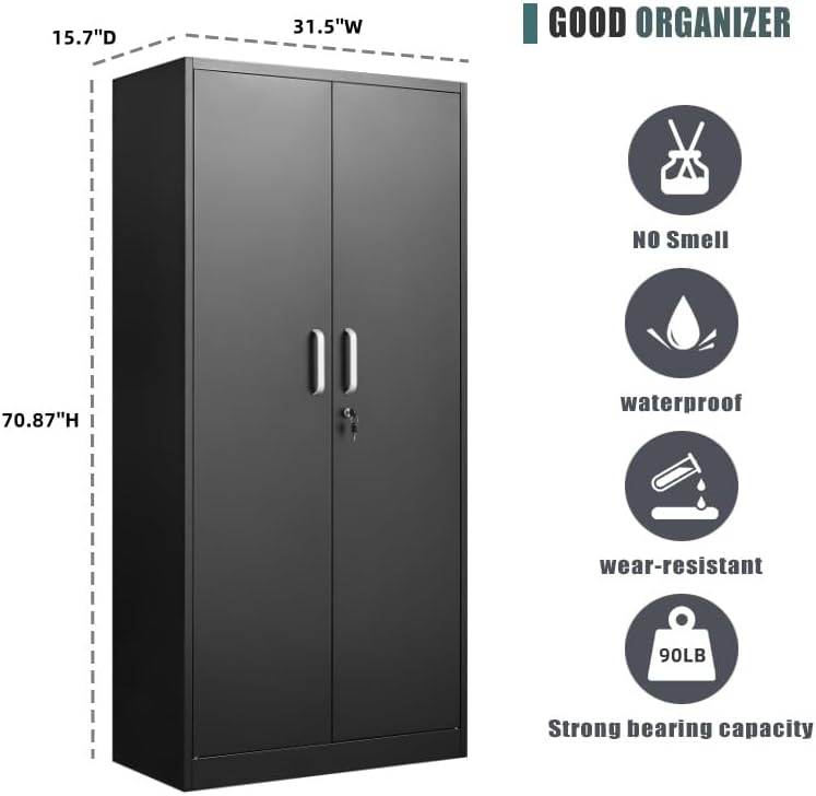 Approgreent Metal Storage Cabinet with Adjustable Shelves, Garage Cabinet with 2 Lockable Doors, Garage Storage Cabinet, Kitchen Pantry Cabinet - 71'H, Black