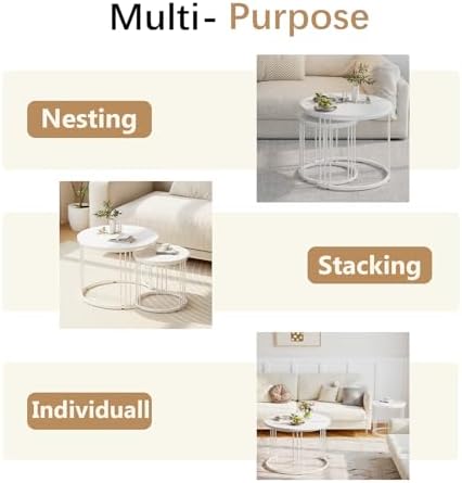 Garden 4 you Nesting Coffee Table, 23.6" Round Coffee Table Set of 2, Wooden Nesting Table with Metal Frame, Ceter Tables for Living Room Bedroom Balcony, White