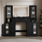 55" Vanity Desk with Mirror & Lights, Fluted Makeup Vanity with 8 Drawers & 4 Cabinets, Tempered Glass Top, RGB Cabinet Lighting, 3-Color Dimmable Mirror, and Charging Station