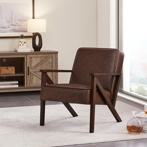Yaheetech Mid-Century Modern Accent Chair, Lounge Chair, Dark Brown | Faux Leather Chair with Flat Arms, Engineered Wood Frame Armchair, for Living Room/Office/Reading/Reception Area