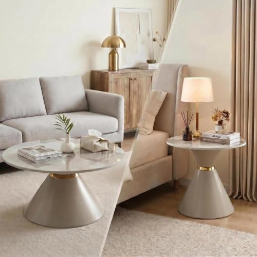 Modern Round Nesting Coffee Tables Set of 2, Marble‑Look Tabletop with Base | Stackable Nesting Coffee Tables, Round Faux Marble Top with Tapered Metal Base Gold Detail for Home Living Room