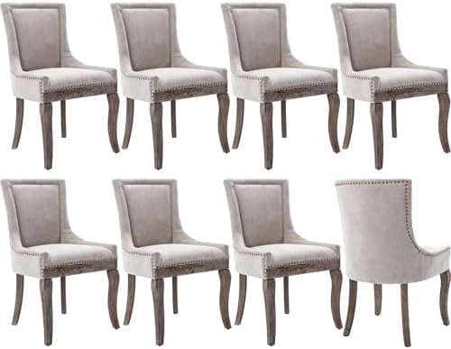 Upholstered Dining Chairs Set of 8, Beige Fabric Kitchen Chair with Nailhead Trim, Farmhouse High Back Kitchen & Dining Room Chairs, Solid Wood Legs, Sillas de Comedor (Beige, 8 Pcs)