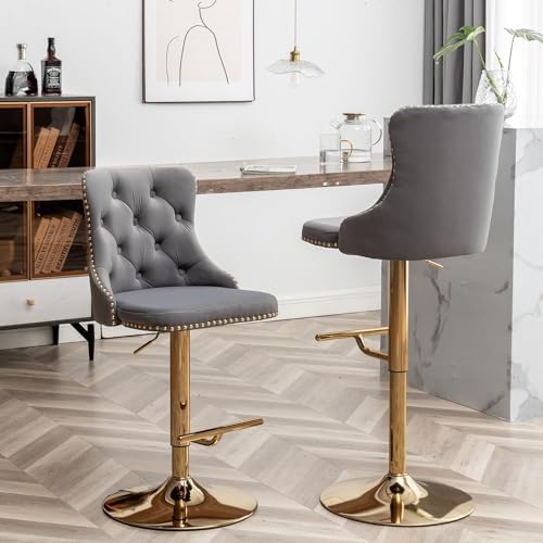Cinxzar Gold Velvet Bar Stools Set of 4, Swivel Counter Height Bar Stools with Nailheads Trim, Adjustable Barstools for Kitchen Island, Pub, Club (Grey)
