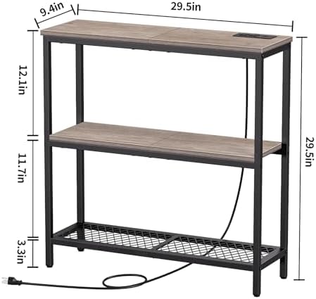 Snughome 3 Tier Narrow 29.5" Console Table with Power Outlets (Grey) | Thin Sofa Side Display Table, Small Entryway Table with 2 USB, 2 Power Outlets, Behind Couch Table, for Living Room, Hallway