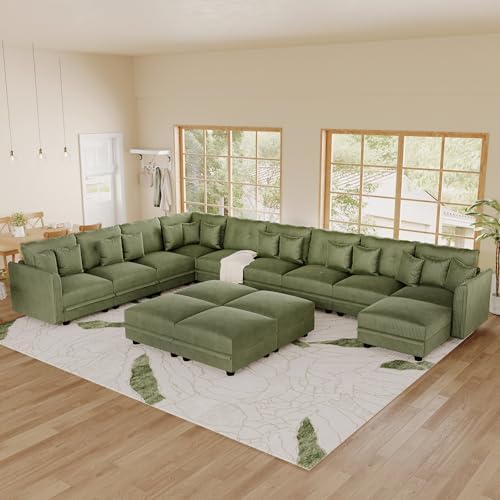 LLappuil 14-Seat Modular Sectional Sofa with Storage, 163" Oversized U-Shaped Corduroy Couch with 10 Throw Pillows, Pet-Friendly Convertible Pit Sofa for Large Spaces, Skin-Friendly, Green