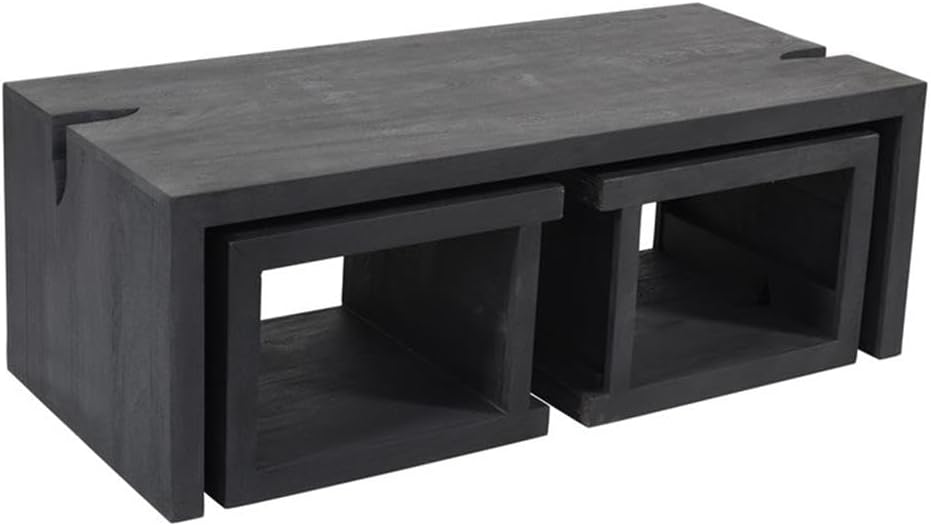 Pemberly Row 3-Piece Cocktail Table Set, Reclaimed Solid Wood, Ebony Gray Finish, Includes 1 Coffee Table and 2 End Tables, Mid-Century Modern Style, Unique Carvings for Living Room Decor