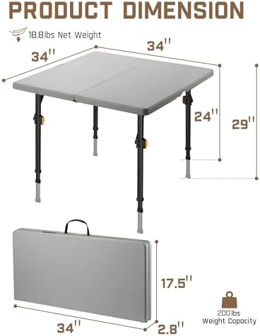 FanttikOutdoor Folding Card Table 34" Square, 2 Heights, Picnic Party Game | Fold-in-Half Utility Plastic Portable Table with Collapsible Legs & Carrying Handle, Heavy Duty, Zeta S4 Pro