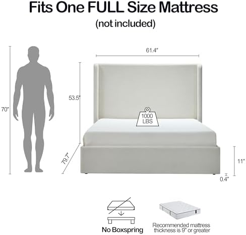 Full Size Upholstered Platform Bed Frame, 53.5" High Headboard Carmen Wingback Beds, Tall Headboard Floor Bed Frames, No Box Spring Needed No Noise, Minimalist, Textured Ivory