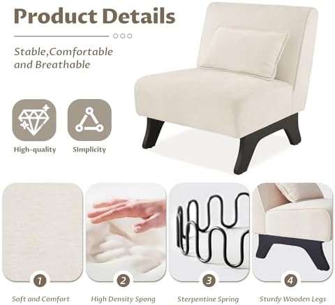 Armless Accent Chair Comfy Upholstered Modern Living Room Side Chair | Comfy Small Accent Lounge Chair with Pillow & Wooden Legs Accent Chair for Living Room Bedroom Farmhouse Reading Beige