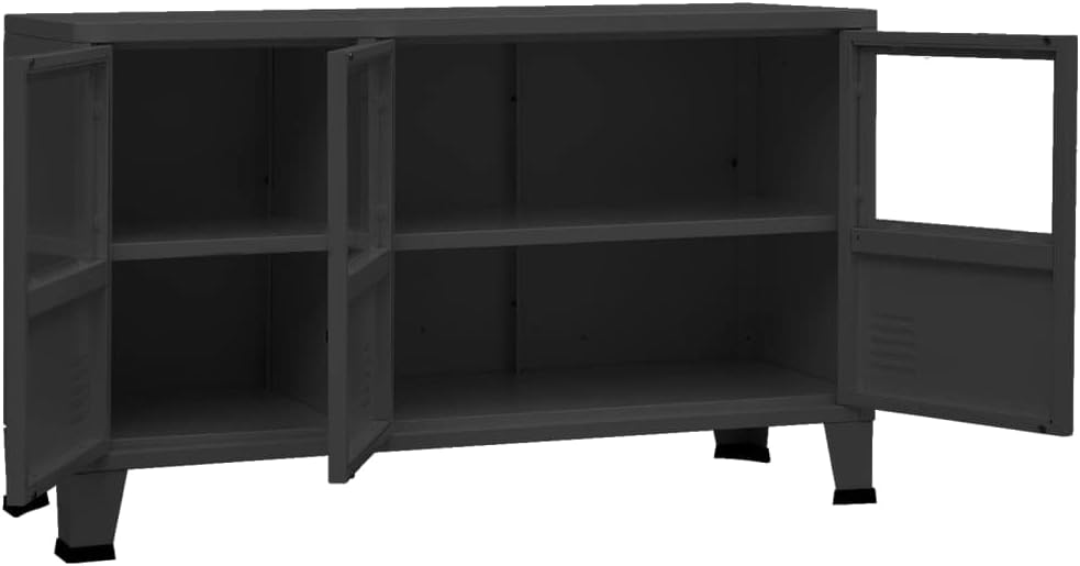 Industrial Metal and Glass Sideboard with Fixed Shelves, Modern Storage Cabinet for Dining Room Living Area, Black Rectangular Design, Durable Construction, Matte Finish,