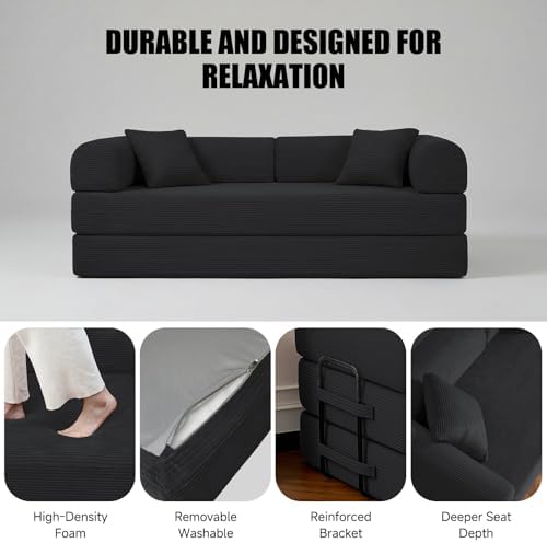 79" Sofa Bed,Convertible Futon Sofa Bed, Couch for Living Room | 6-In-1 Convertible Sofa Bed,Corduroy Futon Sleeper Sofa,Modular Pull Out Couches for Bedroom,Lounge,No Assembly Black Couch