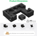 MONVANE Oversized Sectional Couch 08-Seat, Chenille, Black | Sectional Couch for Living Room, Modular Cloud Sofa with Ottoman & 8 Throw Pillows, No Assembly Required